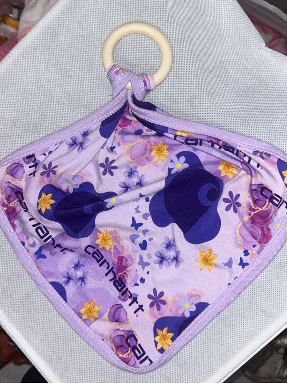 Carhartt Lavender Purple Floral Bamboo Lovey with Wooden Teething Ring